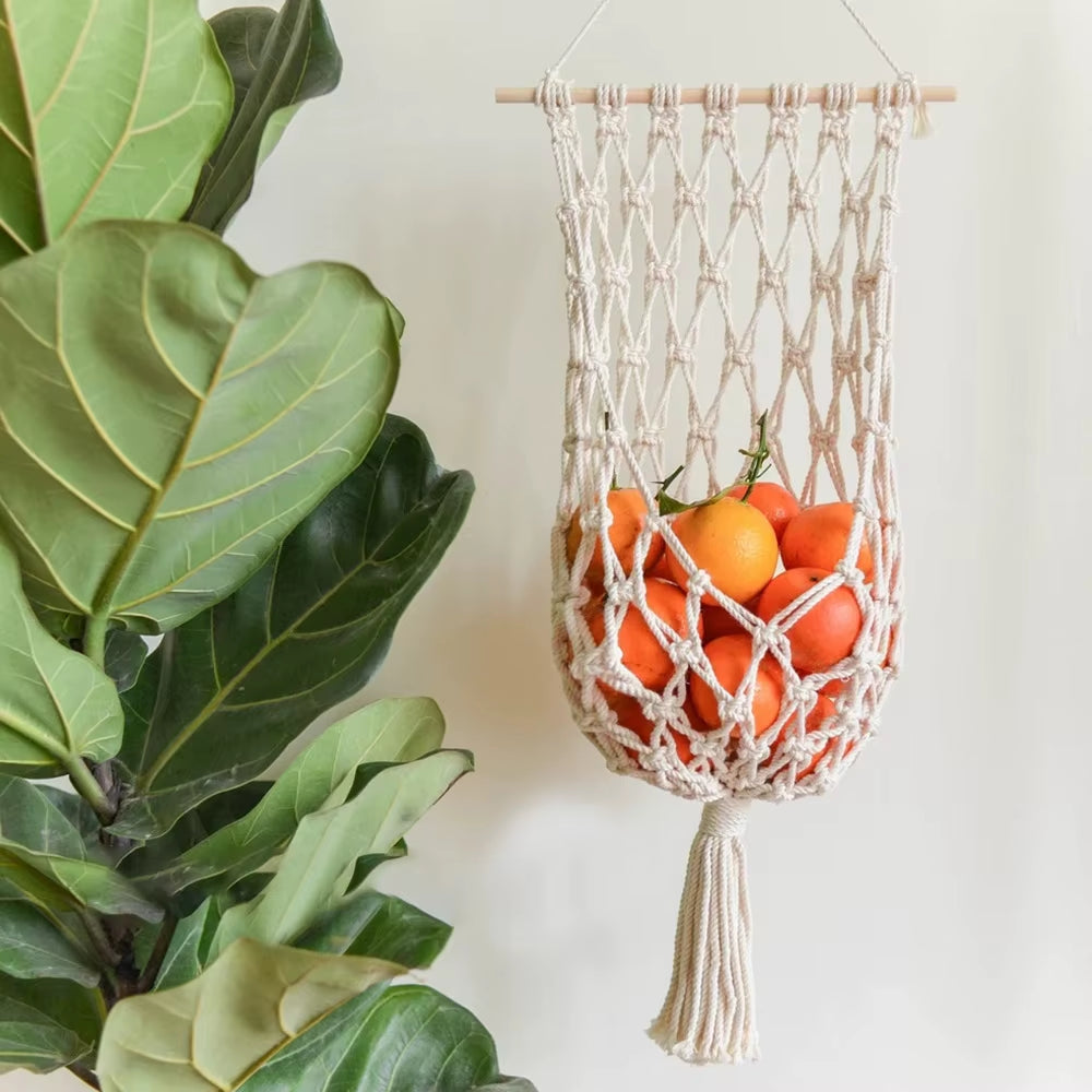 Boho Chic Tassel Lace Storage Basket-Handcrafted Wall Hanging for Fruits and Home Decor