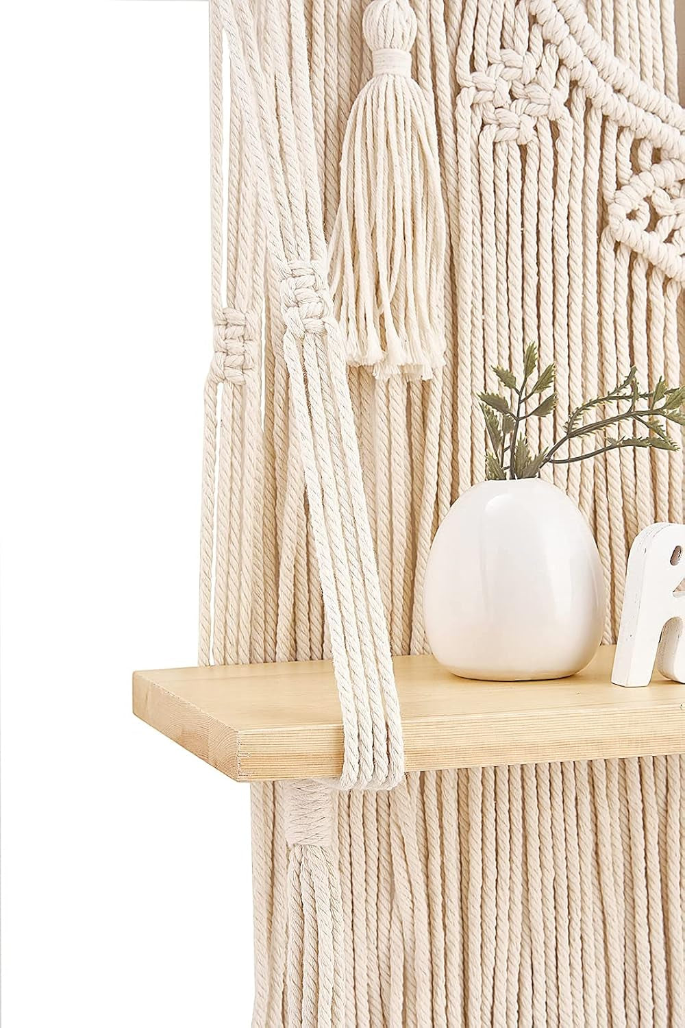 Macrame Wall Hanging Shelf Boho Decor Wood Floating Shelf for Bedroom Living Room Nursery Bathroom, Handmade Woven Rope Storage Rack for Photo Frames Plant Display