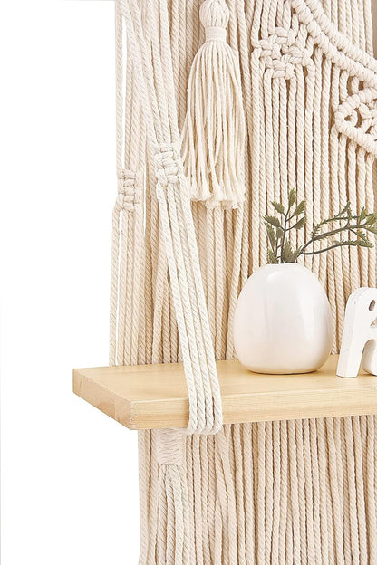 Macrame Wall Hanging Shelf Boho Decor Wood Floating Shelf for Bedroom Living Room Nursery Bathroom, Handmade Woven Rope Storage Rack for Photo Frames Plant Display