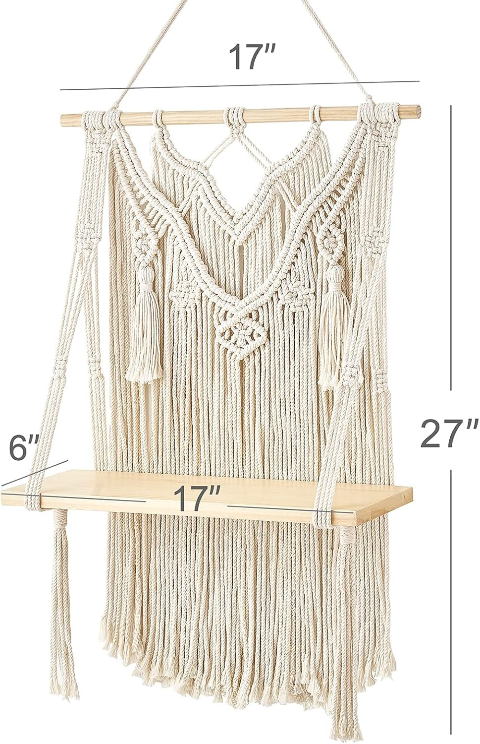 Macrame Wall Hanging Shelf Boho Decor Wood Floating Shelf for Bedroom Living Room Nursery Bathroom, Handmade Woven Rope Storage Rack for Photo Frames Plant Display