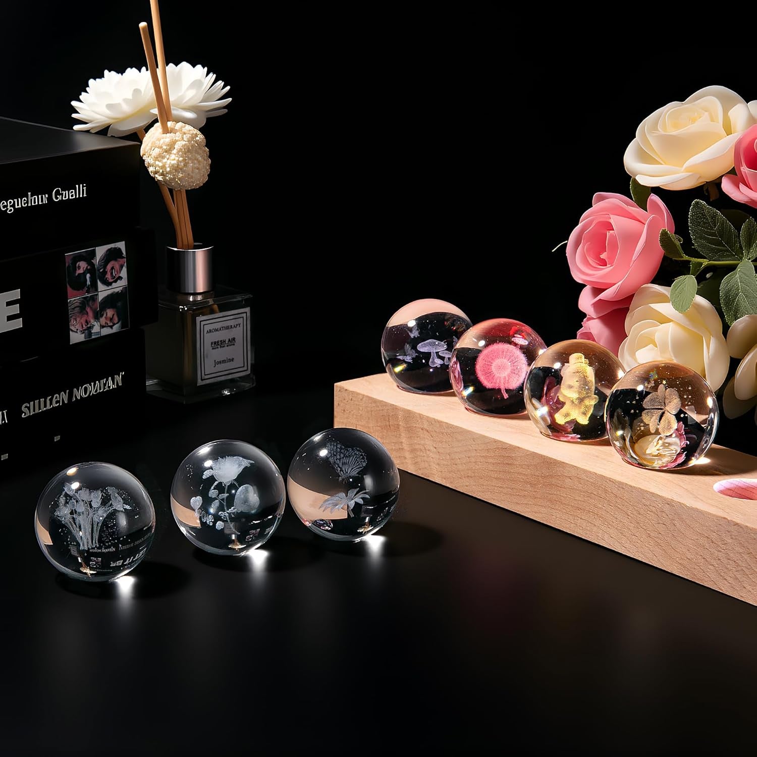 7 Pcs Flower Crystal Ball Night Light with LED Wooden Base, 3D Dandelion, Four-Leaf Clover, Mushroom, Rose, Tulip Plant Lamp for Home Office Gifts for Christmas Decor