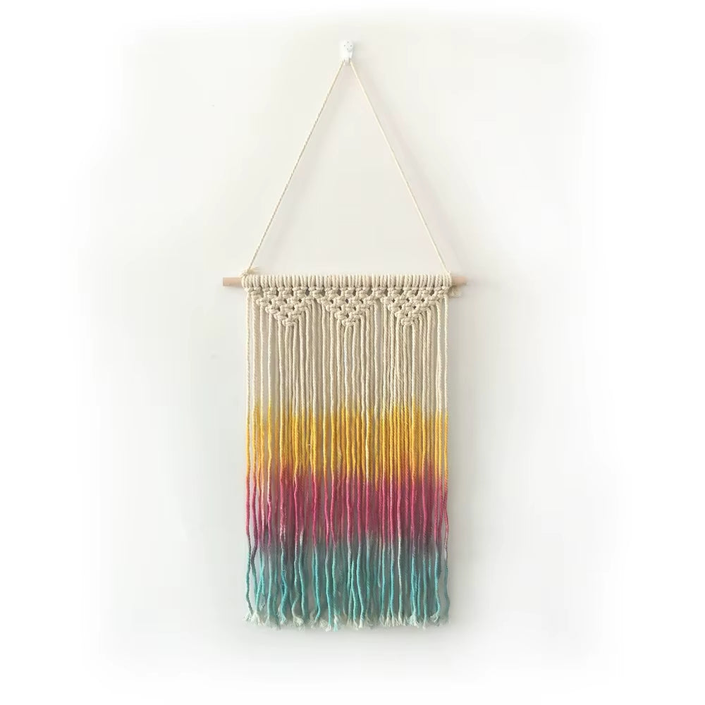 Boho Chic Rainbow Macrame Wall Hanging Handmade Colorful Tie Dye Cotton Fabric Art