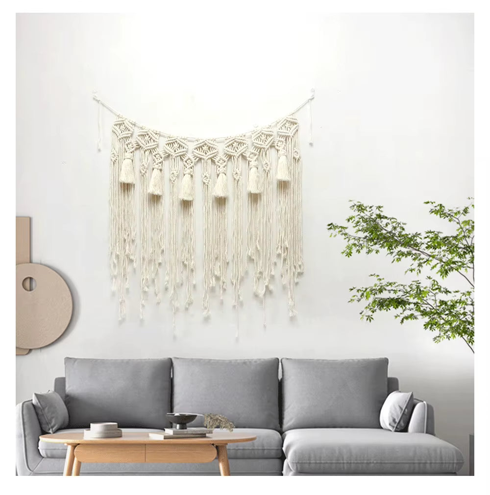Nordic Modern Bohemian Tapestries Handcrafted Cotton Rope Wall Hangings with Tassels and Lace Art Design for Home Decoration