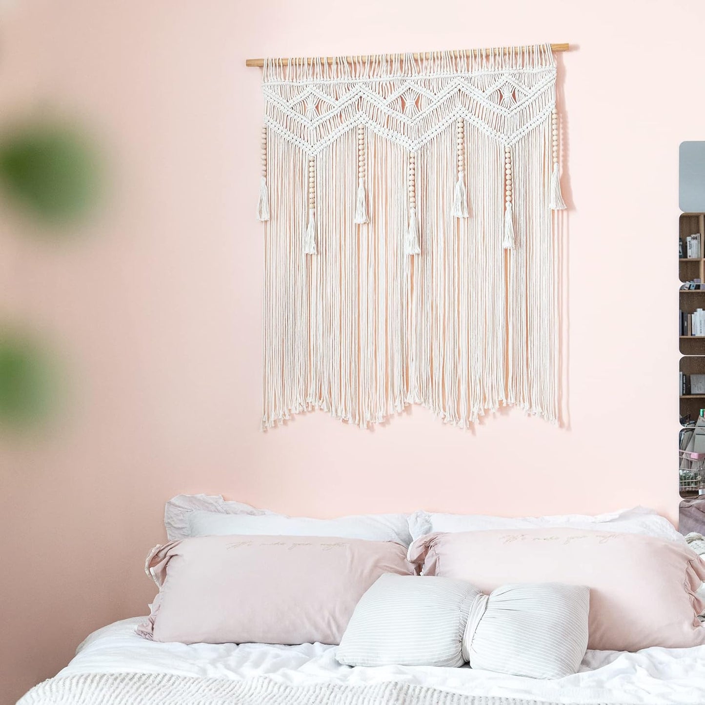 Macrame Wall Hanging Large Boho Decor Woven Wall Tapestry Chic Art Tassel Christmas Decoration for Backdrop over Bed Bedroom Nursery Dorm Classroom, Including Hanging Rod, 33''W X 42''H