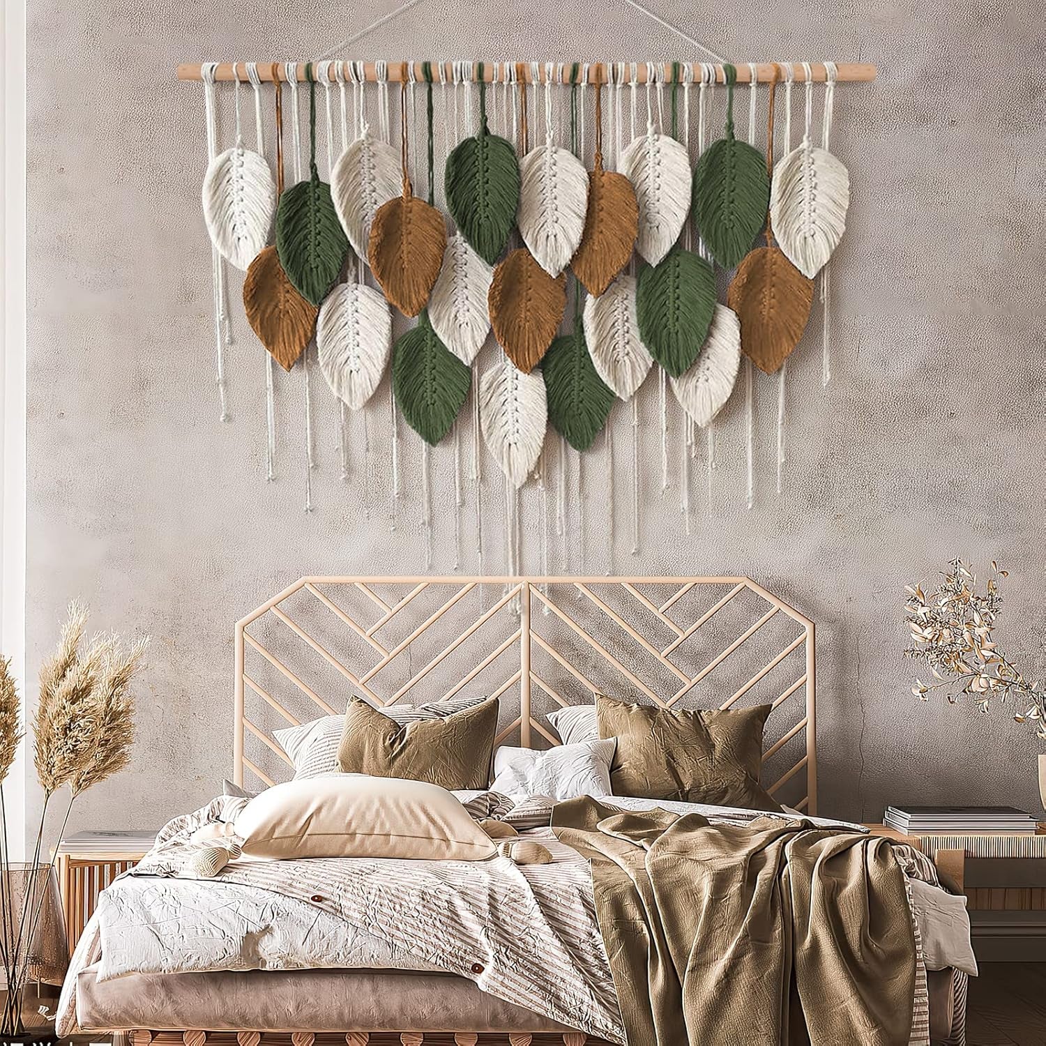 Large Macrame Wall Hanging Boho Woven Tapestry, Chic Home Decor Modern Bohemian Handmade Leaf Feather Wall Art Decorations for Apartment Dorm Living Room Bedroom Nursery Backdrop 39"W X 29.5"L