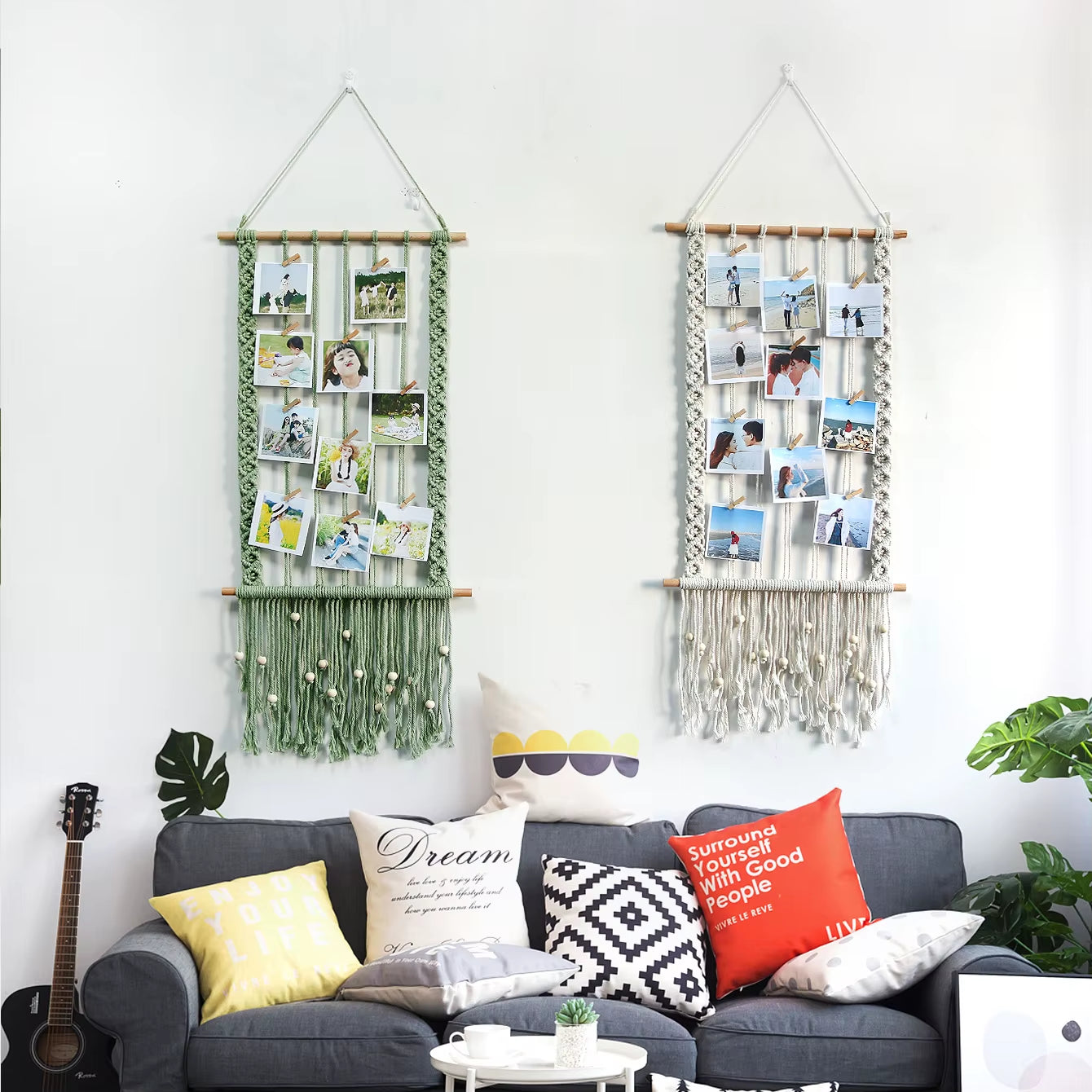 Nordic Bohemian Style Wall Hanging Hand-Woven Cotton Photo Frame Simple Home Decoration with Fringed Lace Tapestry
