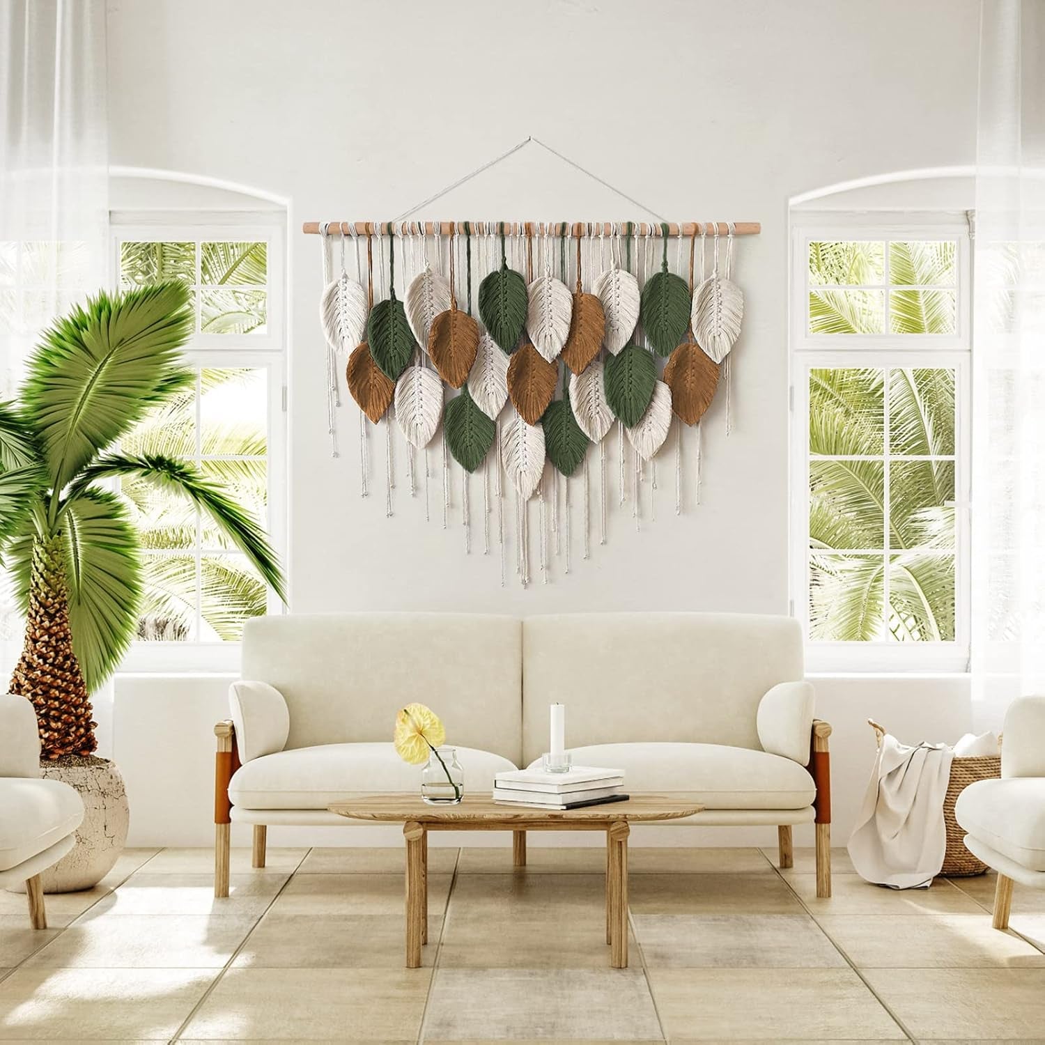 Large Macrame Wall Hanging Boho Woven Tapestry, Chic Home Decor Modern Bohemian Handmade Leaf Feather Wall Art Decorations for Apartment Dorm Living Room Bedroom Nursery Backdrop 39"W X 29.5"L