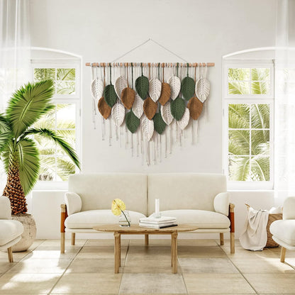 Large Macrame Wall Hanging Boho Woven Tapestry, Chic Home Decor Modern Bohemian Handmade Leaf Feather Wall Art Decorations for Apartment Dorm Living Room Bedroom Nursery Backdrop 39"W X 29.5"L