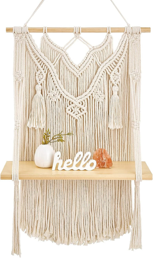Macrame Wall Hanging Shelf Boho Decor Wood Floating Shelf for Bedroom Living Room Nursery Bathroom, Handmade Woven Rope Storage Rack for Photo Frames Plant Display