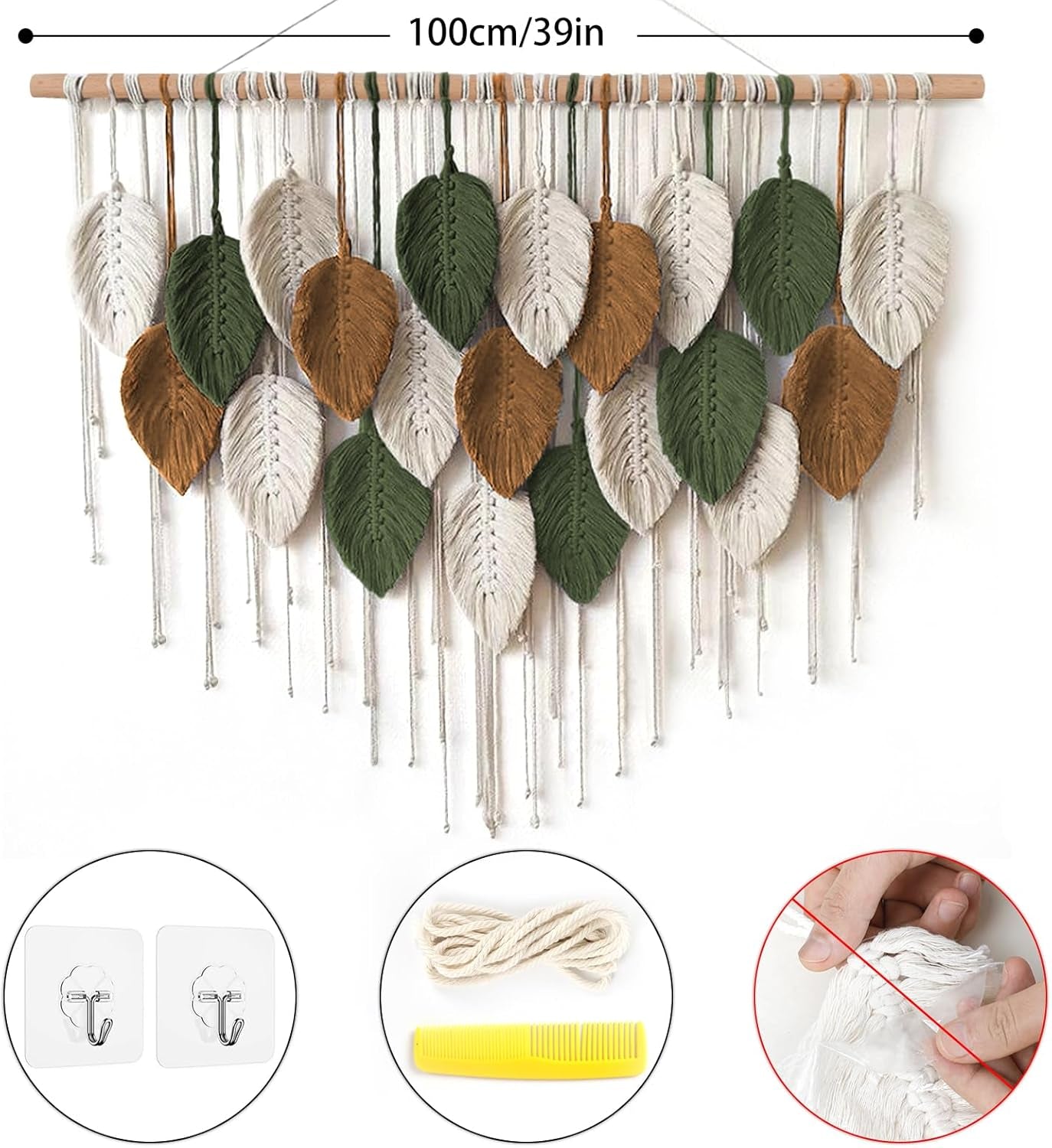 Large Macrame Wall Hanging Boho Woven Tapestry, Chic Home Decor Modern Bohemian Handmade Leaf Feather Wall Art Decorations for Apartment Dorm Living Room Bedroom Nursery Backdrop 39"W X 29.5"L